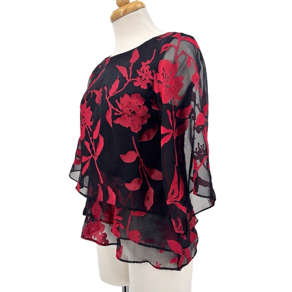 Alex Evenings Black & Red Floral Layered Asymmetrical Hem Blouse, Small - Picture 4 of 17